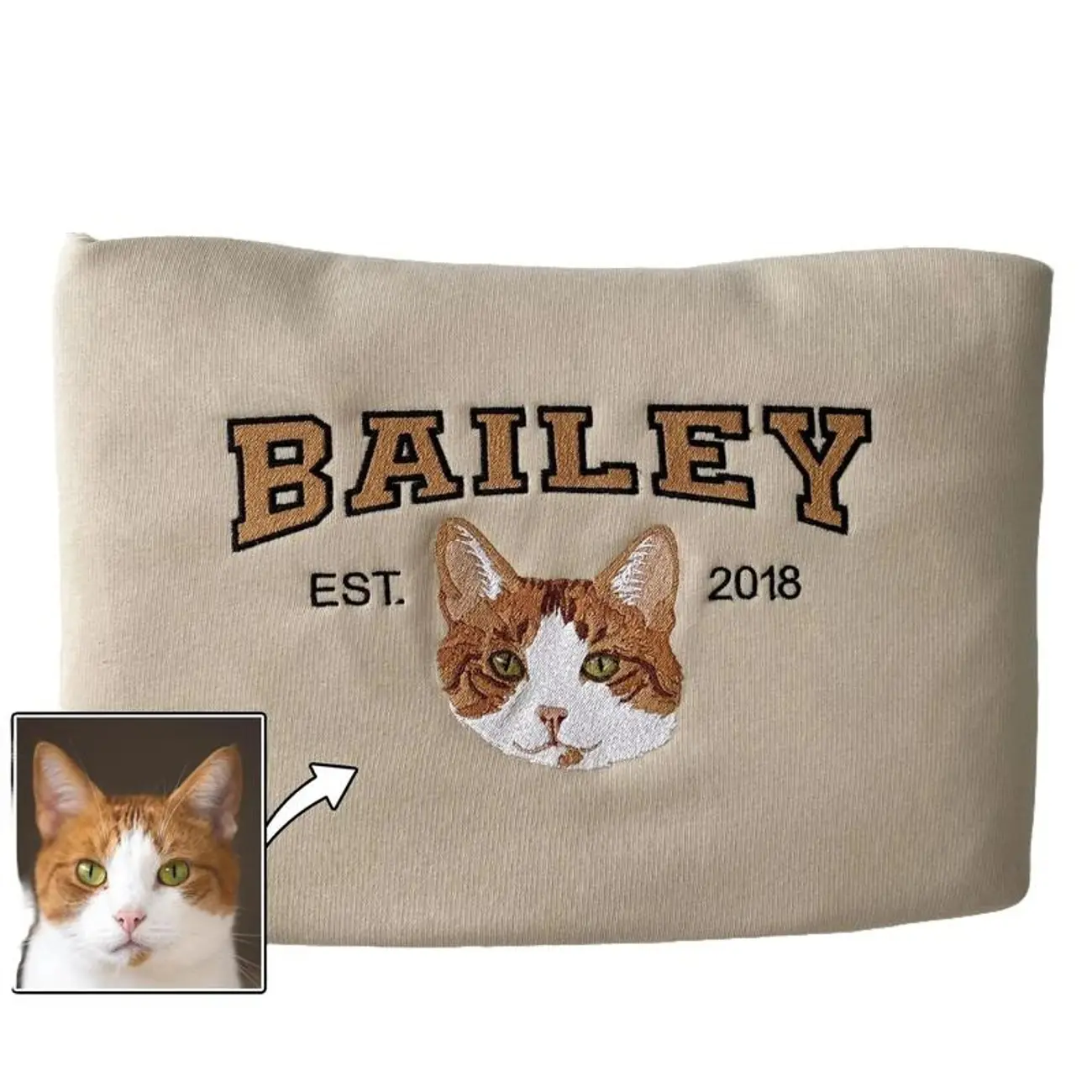 Custom Pet Embroidered Sweatshirt with Pet Name, Personalized Cat Face Sweatshirt from Your Photo, Varsity Sweatshirt, Gifts for Cat Lover K