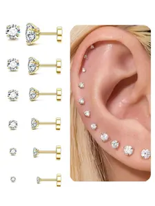 Stainless Steel Spiral Earrings Set, 20g Multi-Size Artificial Gem Studs, Fashion Unisex Body Jewelry for Party Style, Body Piercing Jewelry, Body Piercings Set