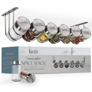 Minimalist Under Cabinet Spice Rack With 6 Glass Spice Jars & 21 Labels Stainless Steel Spice Storage Rack - Hangable Kitchen Organizer Set