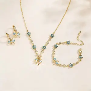 Trendy Bowknot Zircon Flower Jewelry Set with Colorful Gemstone Necklace Earrings Bracelet Gift for Women Wedding Birthday Anniversary Mother's Day