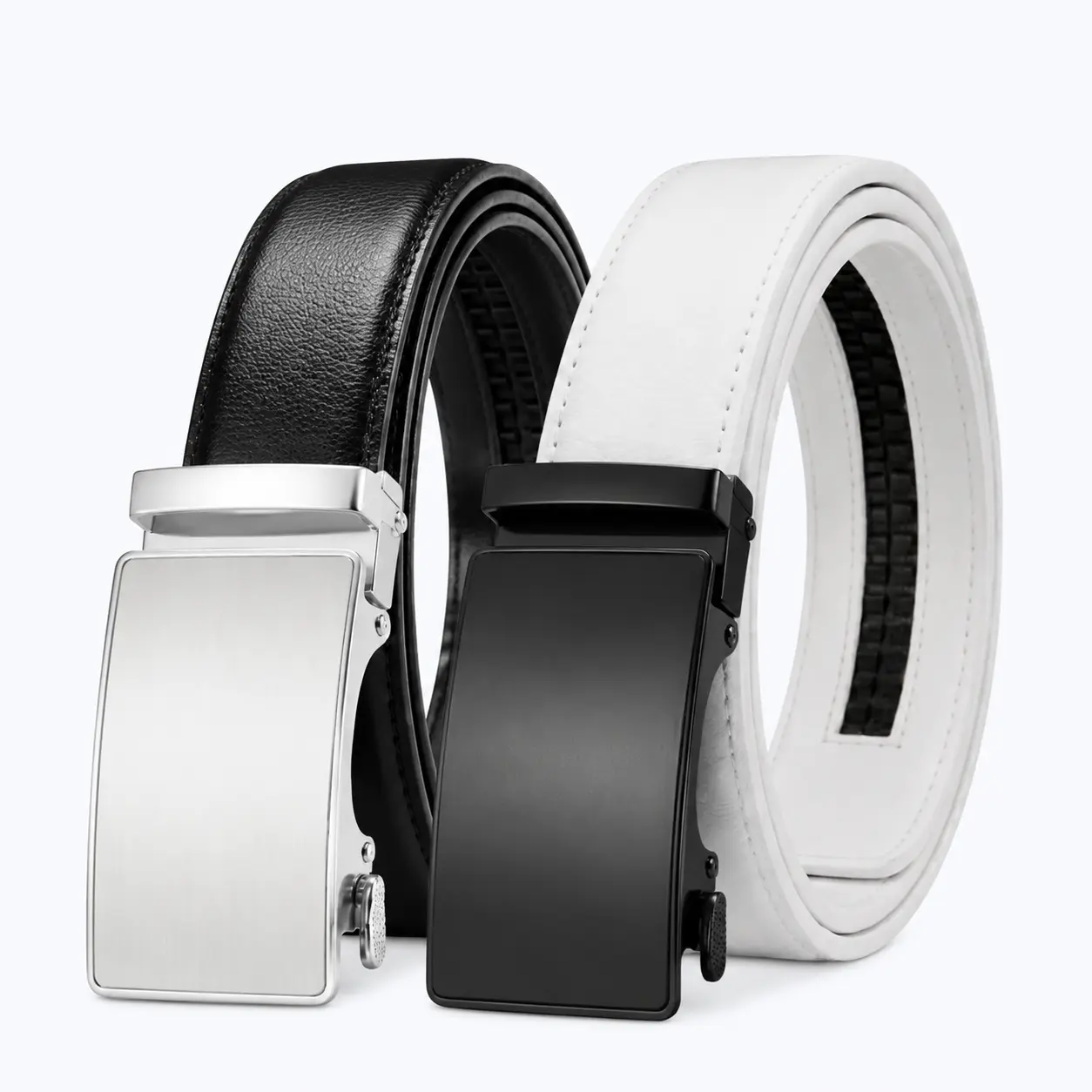 Men's Ratchet Belt Adjustable Automatic Buckle Dress Casual Belt Black White