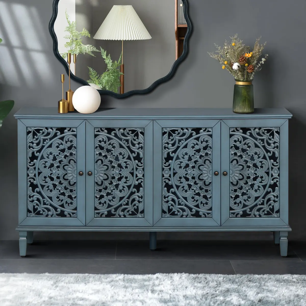 60" Antique Blue Buffet Cabinet - Floral Carvings, Solid Wood Legs, Antique Brass Handles, Adjustable Shelves, Entertainment TV Stand for 65"+ TV, Living Room Sideboard summerwins