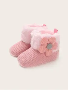 Cute Flower Decor Contrast Faux Fur Lined Baby Boots, Furry Shoes, Soft Solid Color Boots for Fall & Winter, Newborn Infant Toddler Shoes