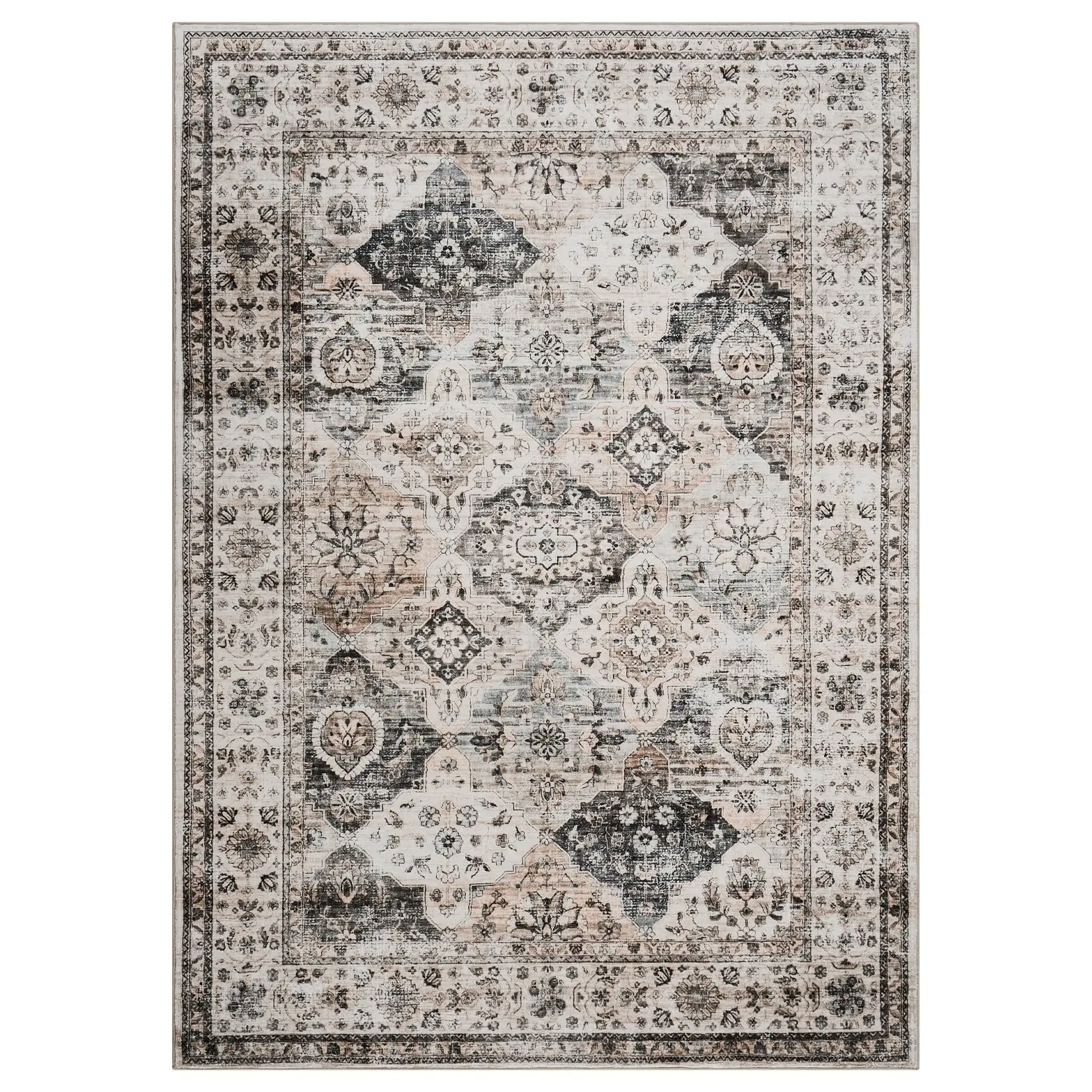Washable Rug Area Rug Vintage Rug Traditional Mat Distressed Indoor Foldable Thin Rug Retro Accent Rug Floral Print Rug Non Slip Carpet Beige tone 9*12ft
