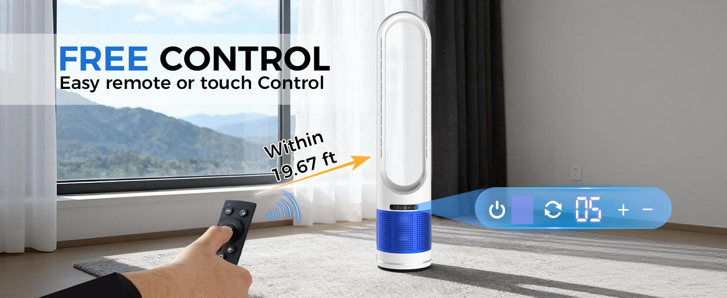 Bladeless Tower Fan ，80° Oscillation Quiet Cooling Fan with 8 Speeds, 8H Timer, Sleep Mode, Remote Control, 360° Air Intake, Space-Saving Bladeless Fan for Bedroom, Living Room, Home Office, Home Gym