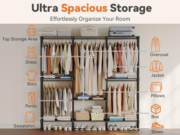 Wardrobe Closet,Portable Clothes Racks for Hanging Clothes, Free Standing Closet with 6 Tier Shelves, Closet Organizers and Storage Rack for Cloakroom, Bedroom, 80.7 x 15.6 x 77 Inches