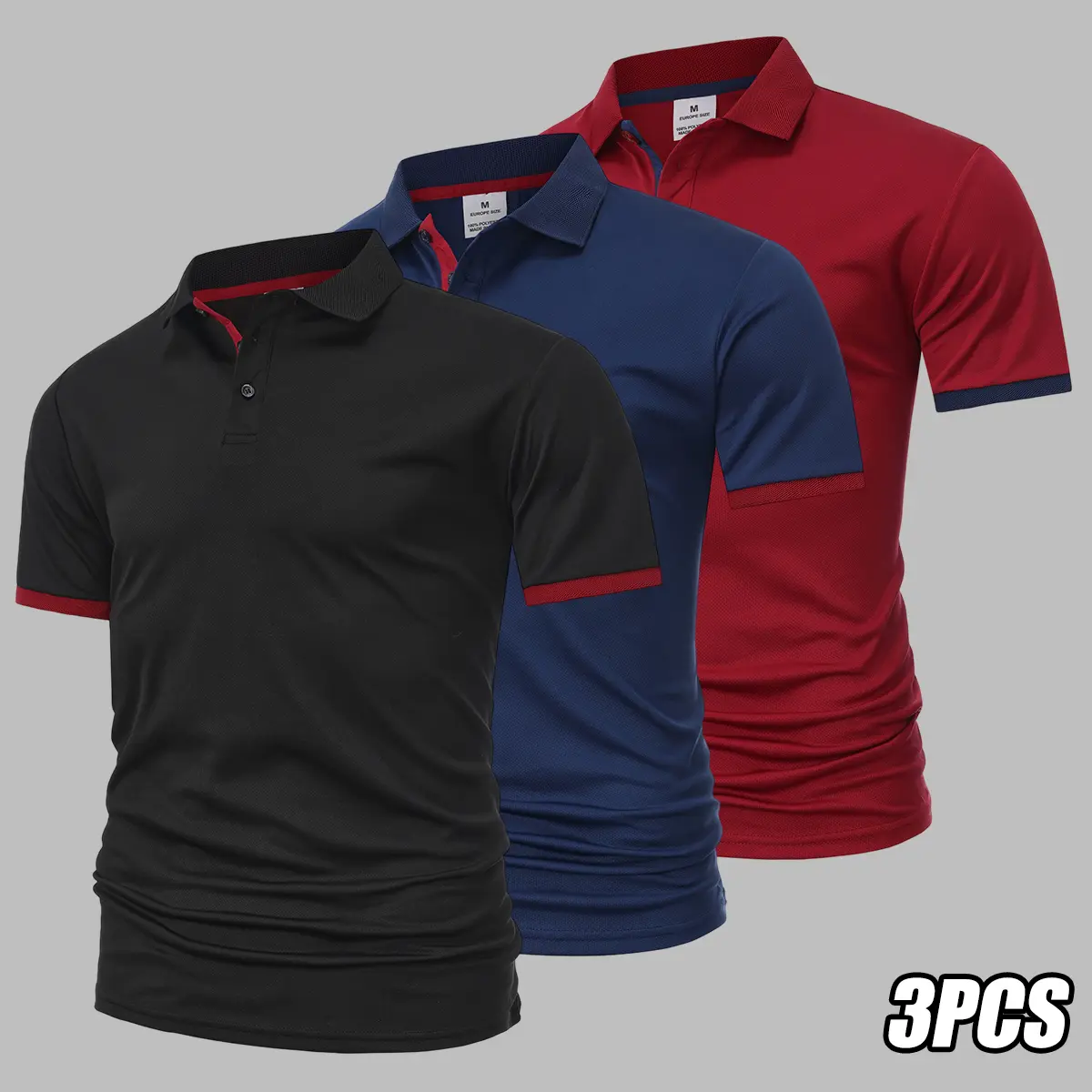 Men's 3-Piece Polo Shirts Set, Casual Short-Sleeve Regular Fit Solid Color Polyester Tops for Work & Sport, Menswear, Shortsleeve