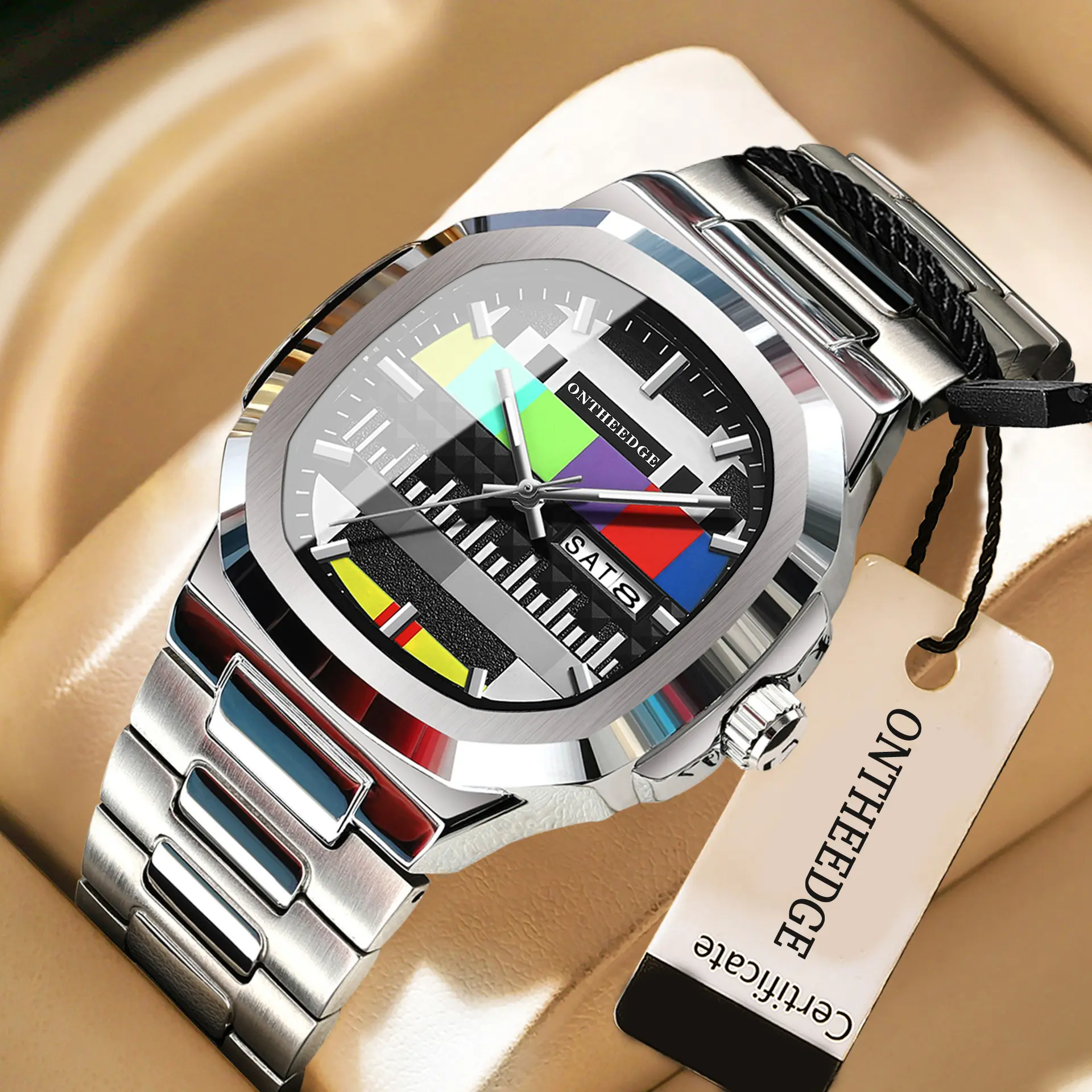 Men's Unique TV Test Pattern Square Quartz Watch - Stainless Steel-Alloy Wristwatch with 30M - 50M Water Resistance, Backlit Luminous Hands, Calendar Date-Day Display, Retro Color Bar Dial, Buckle Closure, Luxury Casual Timepiece, Perfect Gift for Him