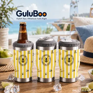 GuLuBoo 12oz 4-in-1 Cute Bee Insulated Can Cooler Tumbler, Stainless Steel Double Wall Vacuum Flask Drinkware Cup, Slide Lid, Built-in Bottle Opener, Fits All Cans & Bottles, Keeps Drinks Cold or Hot All Day, Portable Travel Mug Ideal Gift