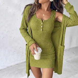 ChicMe Women's 2 Piece Set Rhinestone Mini Tank Dress & Long Sleeve Pockets Cardigan Casual Textured Bodycon Dressy Outfits