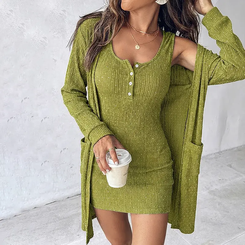 knee length dresses for ladies 2X1 Rib Long Sleeve Snap Front Cardigan & Slip Dress Set in Seaweed –  shopstateside.us main image 1