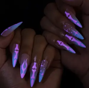 Luminous Glow in the Dark Press On Nails Long Stiletto Fake Nails Neon Purple Blue Spooky Skeleton Bone Flame Star False Nails Cyber Rave Halloween Y2K Alt Artificial Acrylic Nails for Women Club Party Manicure Set