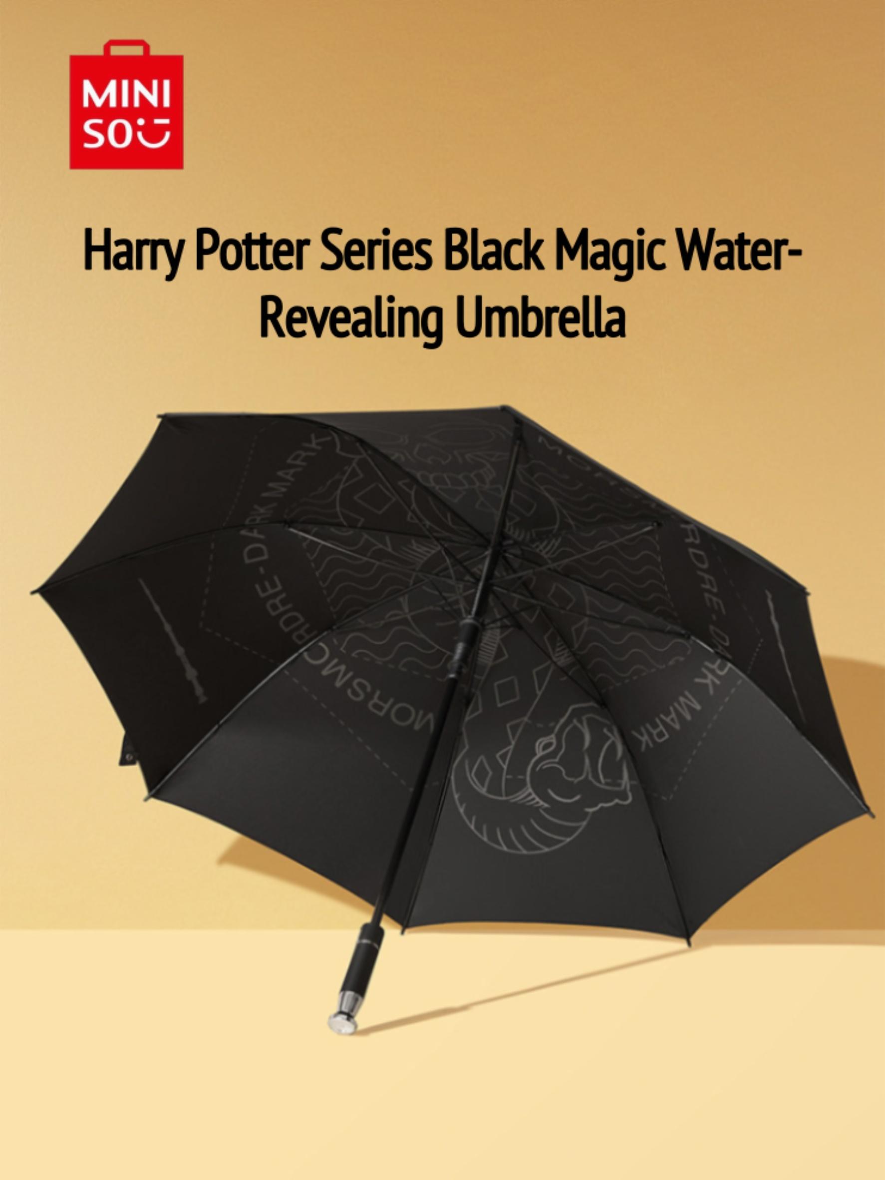 MINISO Harry Potter Black Magic Long Umbrella, Water-Activated Hidden Pattern Reveal, Rain & Sun Dual-Use, UV Protection, Windproof, Fun Gift for Potterheads