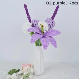 7PCS Handmade Crochet Lily Rose Lavender Bouquet For Birthday Gift, Knitted Carnation Bouquet,Lily Flowers,Christmas Gifts
