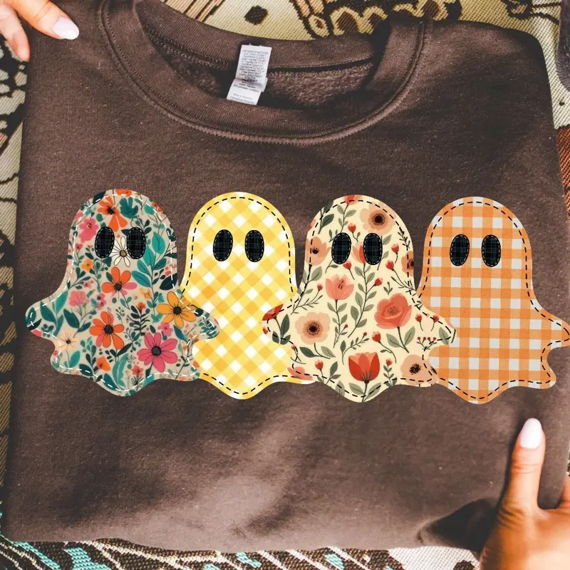 Gildan Sweatshirt Patterned Ghost Spooky Season Brown Colorful Floral & Checkered Ghosts Design Pullover Womenswear Tops Crewneck