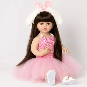 Realistic Reborn Toddler Girl Collectible Doll - 55cm/22in Full Soft Vinyl Body, Long Brown Hair, Pink Bunny Headband, Handmade Tutu Dress, Soft Doll for Kids Birthday Gift, Soft Dolls