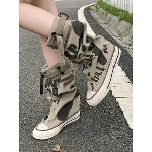 Women’s round-toe thick-sole flat short boots, casual canvas short boots for spring and autumn, walking shoes for girls