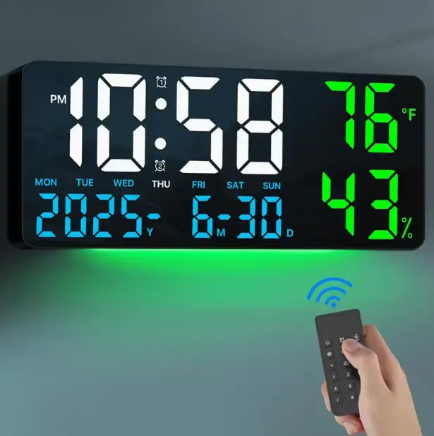 Pacilack 14.6-Inch Plastic Square Casual Home Decor Large Digital Wall Clock with USB Charging, Remote Control, Dual Alarms, Large LED Display, Night Light, Humidity, Date, Day of Week, Temperature - Ideal Father's Day Gift for Living Rooms, Seniors