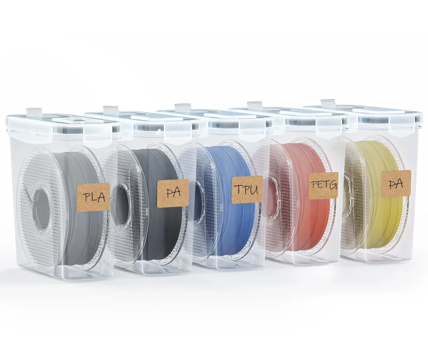 Transparent 3D Printing Containers - 5-Pack Filament Storage Box, 4.0L (9.03*8*3 in), Waterproof Dustproof Sealing Protection, Portable with Desiccants & Labels for Office Use
