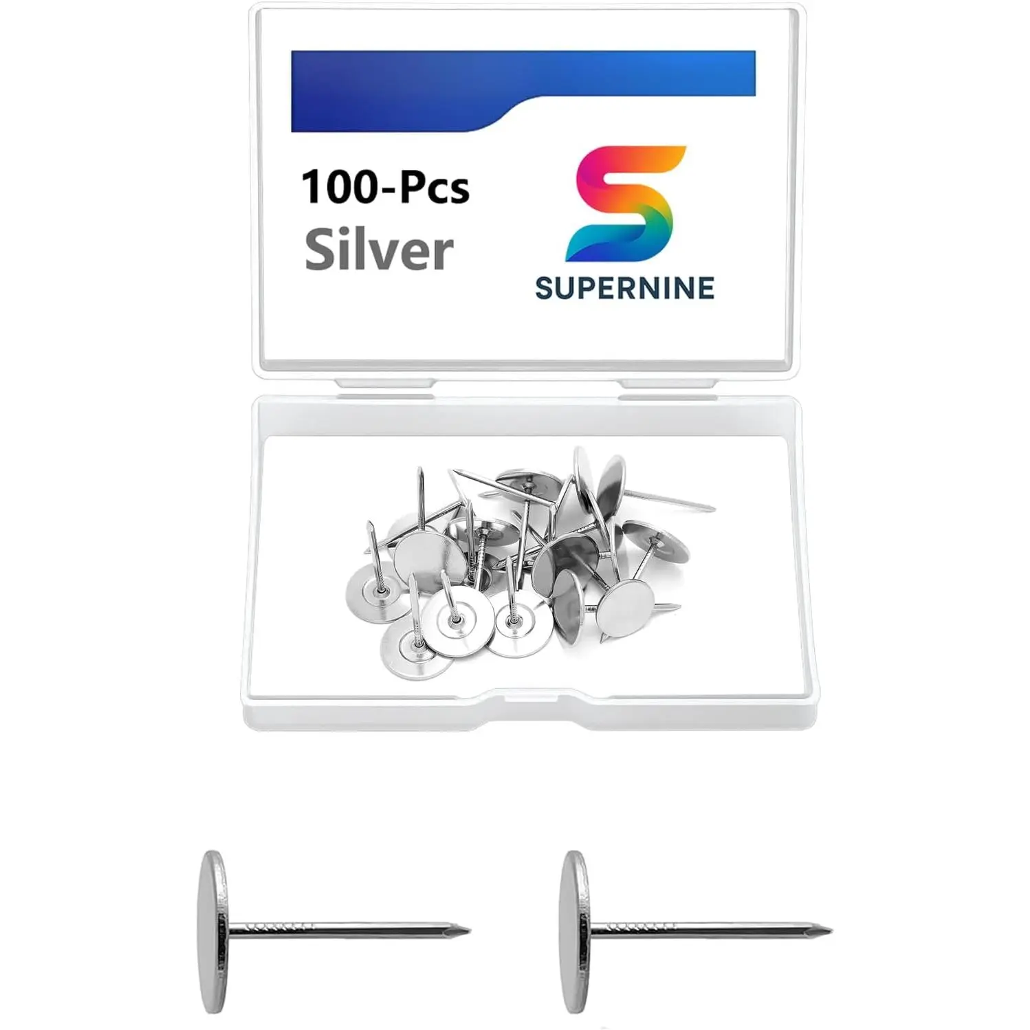 100pcs Heavy Duty Industrial Hardware Thumb Tacks, 7/16in Flat Head Push Pins for Upholstery, Fabric, Wall - Silver