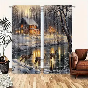 2 piece set, polyester fabric, high definition digital printing, winter deer and cabin pattern, filter curtain, rod bag design, suitable for bedroom, living room, office, home decoration