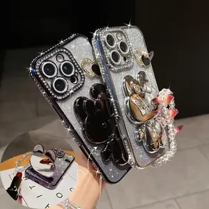 Glitter Rabbit Mirror Holder Phone Case with Chain, Fashion Phone Protective Case, Phone Accessories Compatible with iPhone 16 15 14 13 12, Cover, Casing
