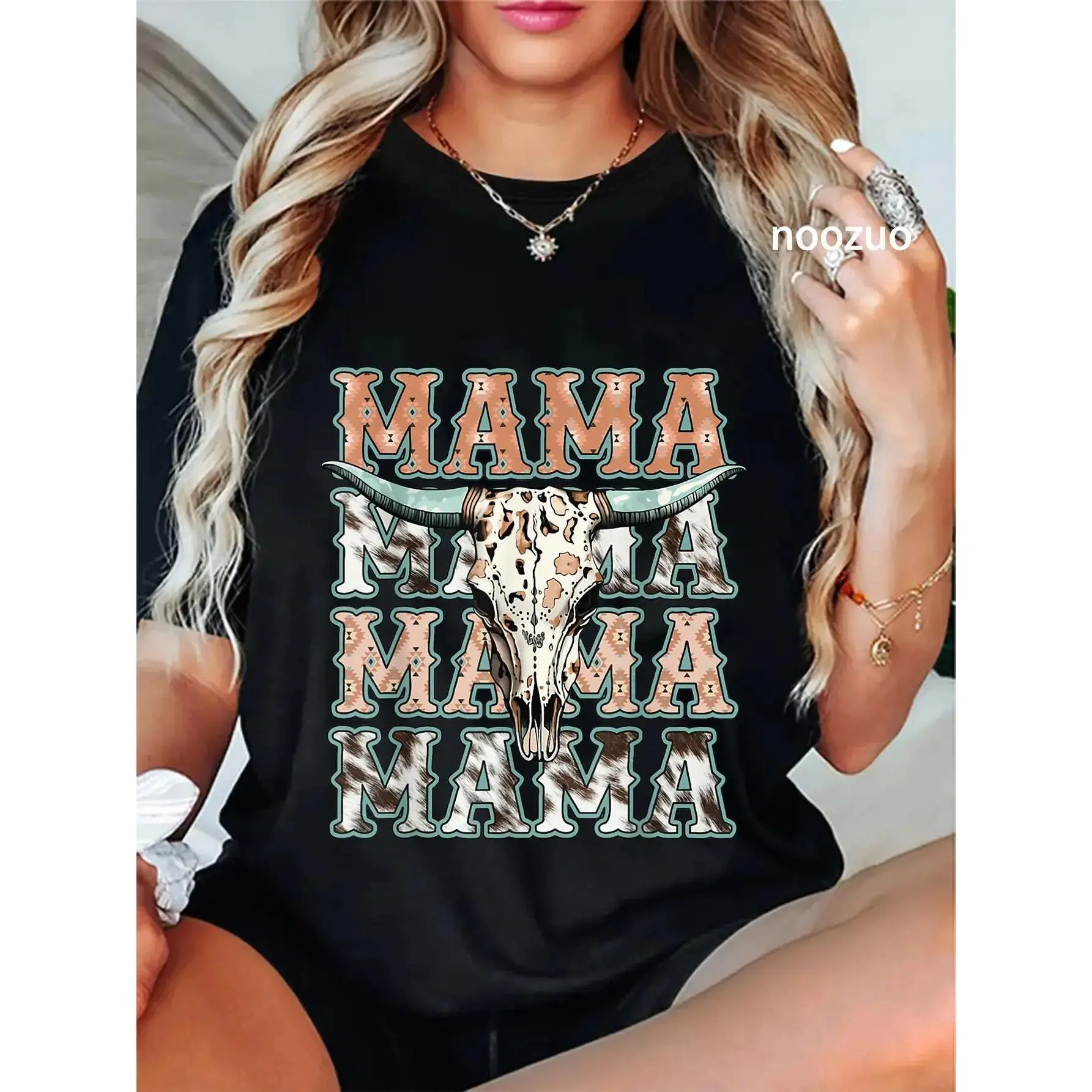 100% Cotton Unisex Mama Western Retro Groovy Cow Skull Country Rodeo Mother Day T-Shirt Casual Top