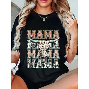 100% Cotton Unisex Mama Western Retro Groovy Cow Skull Country Rodeo Mother Day T-Shirt Casual Top