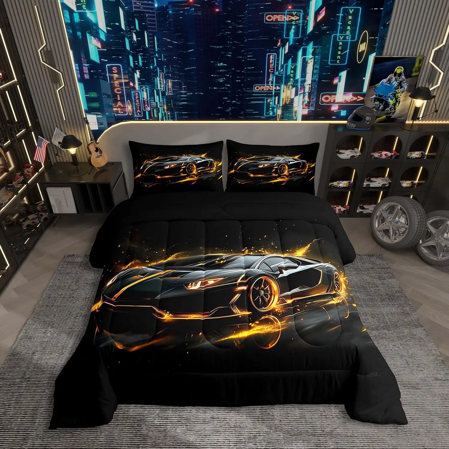 Feelyou Racing Theme Multi-Size Bedding Set - Easy to Care, Breathable Fabric, Yellow-Black Race Car Comforter Set with Futuristic Look for Extreme Sports Enthusiasts