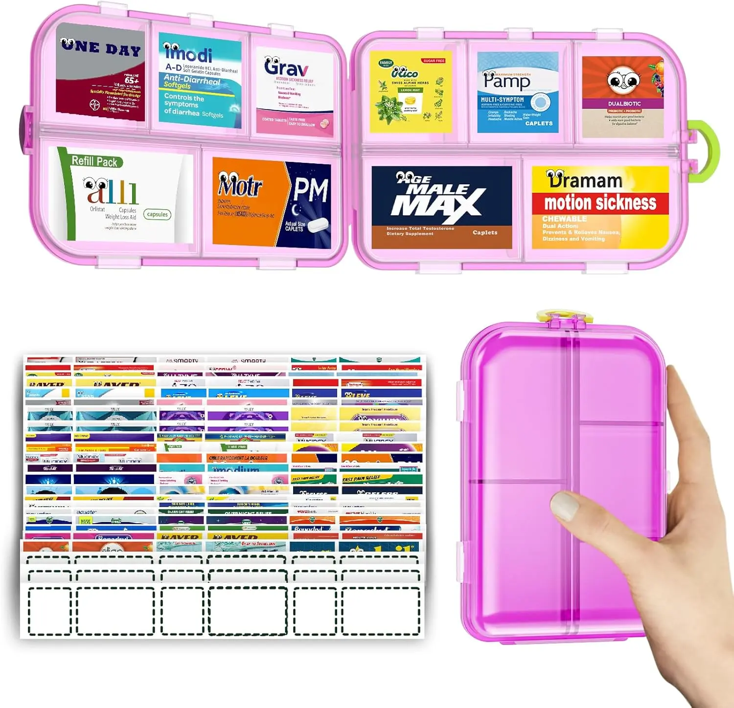 Pill Organizer Travel Medicine Case - Daily Pill Organizer with 144 Labels, Portable Travel Essentials for Medication box large day storage box