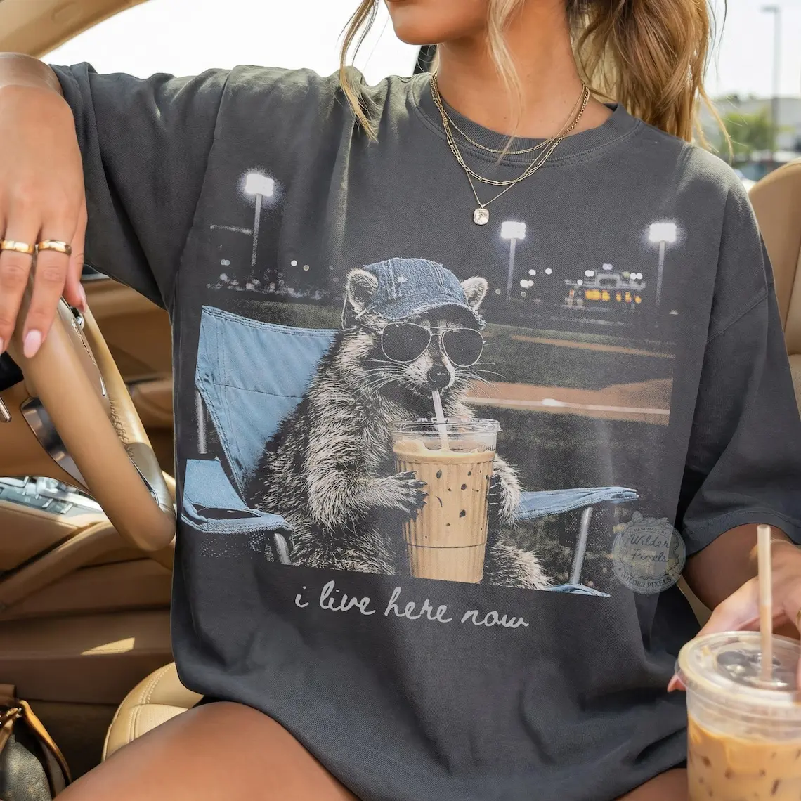 Vintage Raccoon I live Here Now Comfort Colors Shirt, Raccoon Drinking Iced Coffee Shirt, Ballfield Dark Shirt, Baseball field, Baseball Mama Tee