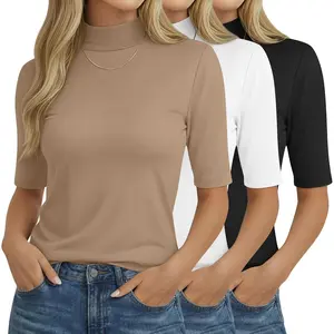 Pack Women's Mock Neck Tshirts Half Sleeve Turtleneck Tops Loose Fit Dressy Casual Tunic Shirts Summer Basic White