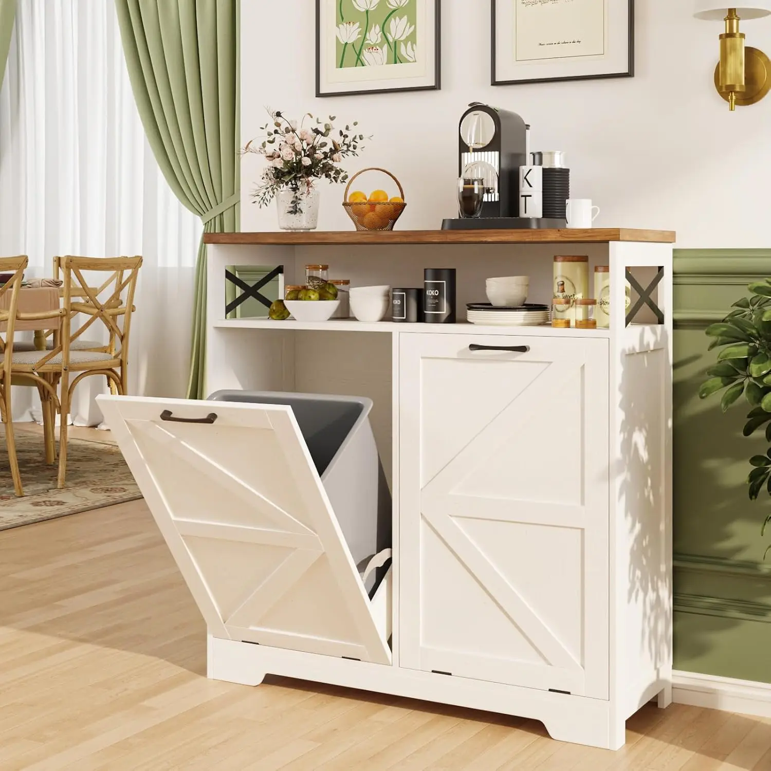 [tiktokshopbacktoschool] Vabches Wood Modern Rectangular Single Unit Double Tilt-Out Trash Can Cabinet, White-2x13 gal Capacity (Holds 2 Trash Cans), Farmhouse Dog-Proof Hidden Storage for Kitchen, Bathroom