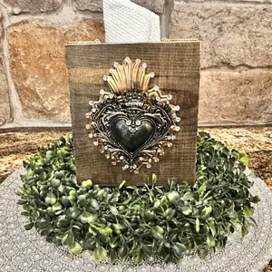 Handmade wooden tissue box. Flaming heart home decor. Unique gift.Embellished bathroom decor.