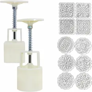 2 Pack Mooncake Mold Press with 10 Stamps, Round and Square Flower Decoration Tools for Baking DIY Moon Cake Cookie Pastry Biscuit Dessert