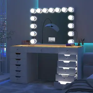 Free Shipping VANITll 13 Drawers Modern Fashion MakeupVanity Desk With Lights Bluetooth Mirror forBedroom White Finish