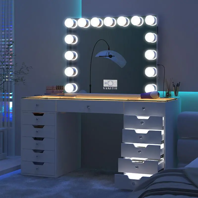 Free Shipping VANITll 13 Drawers Modern Fashion MakeupVanity Desk With Lights Bluetooth Mirror forBedroom White Finish