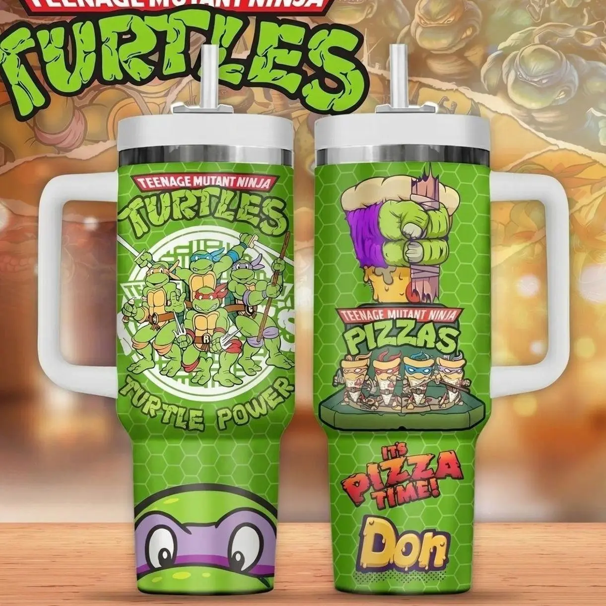 TMNT Teenage Mutant Ninja Turtles 40oz Tumbler with Handle - Retro Cartoon Graphic Travel Mug - It's Pizza Time Turtle Power Design - Double Wall Insulated Stainless Steel Cup with Straw - Gift for 90s Kids & Fans - 40 oz
