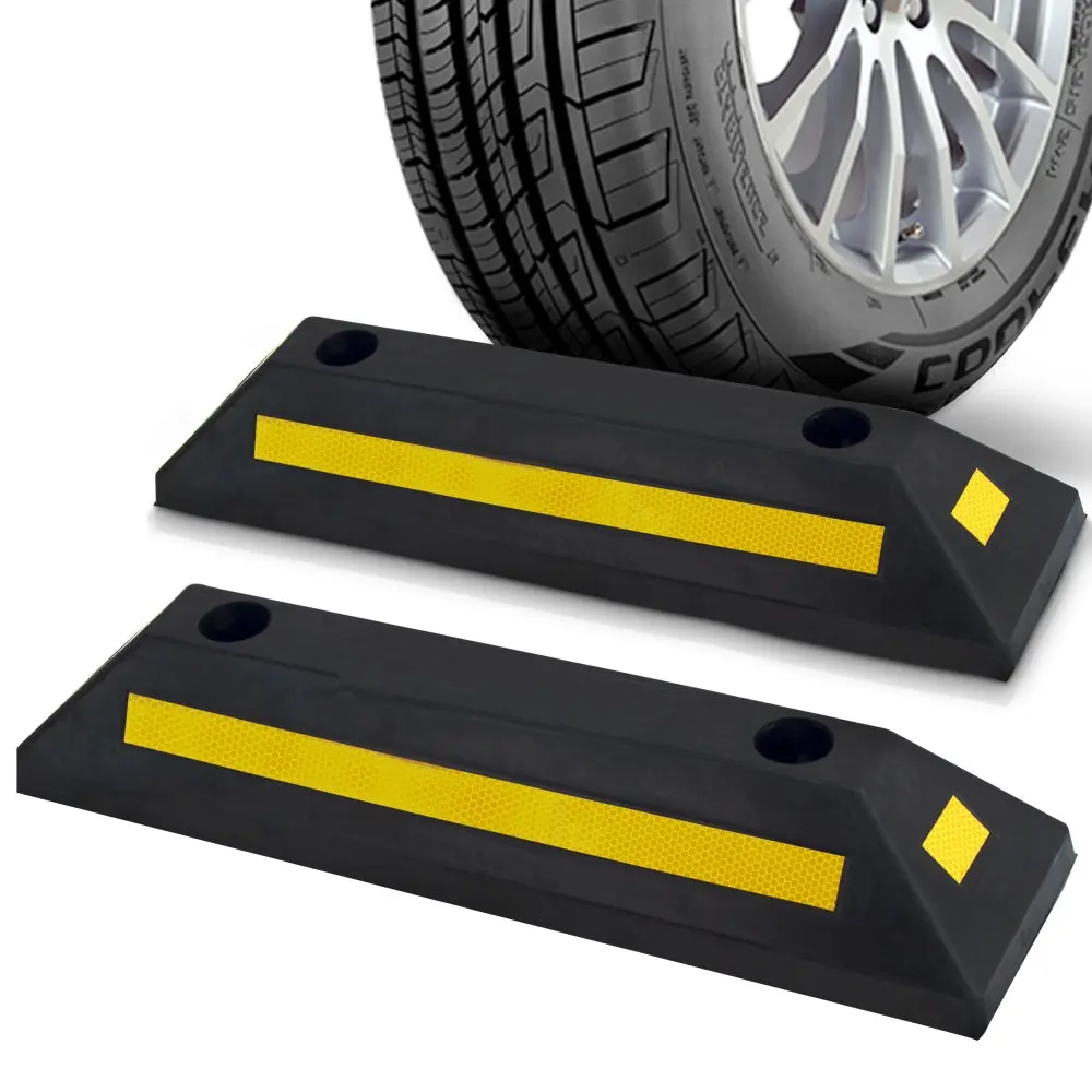 2-Pack Heavy Duty Wheel Stops | Reflective Rubber Parking Curb Stoppers with High Visibility Safety Strip, Weather-Resistant Design & 33,000 lbs Capacity - Garage, Driveway & Parking Lot Use