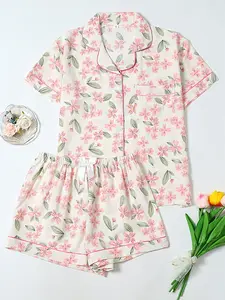 Women's Floral Leaf Print Short Sleeve Top & Shorts Set, High-End Ladies' Sleepwear, Loungewear, Homewear, Cute Casual Loose-Fitting Summer Pajamas, Pjs, Womenswear