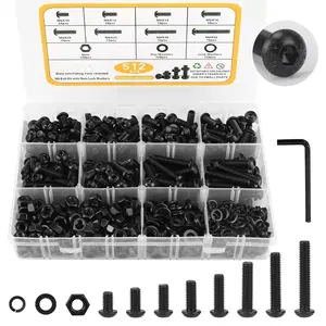 512 count M6  and Nuts Kit, M6x10/12/14/16/20/25/30/35mm Button  Hex Socket Cap Screws 12.9 Grade Alloy Steel Bolt Nut Washer Assortment Black Galvanized