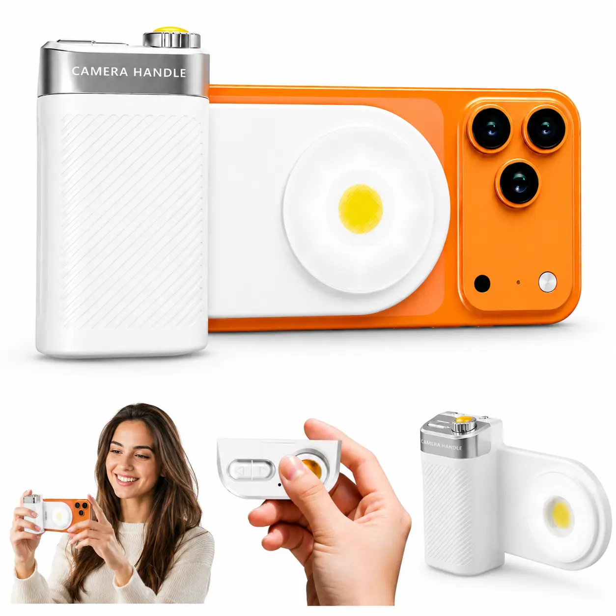 Magnetic Phone Camera Grip with Built-In LED Fill Light and Flash, Detachable Bluetooth Remote with Zoom and Shutter, 1/4 inch Tripod Mount, USB-C Rechargeable, Magnetic Ring Included, for iPhone and Android, Vlogging Selfie Live Streaming