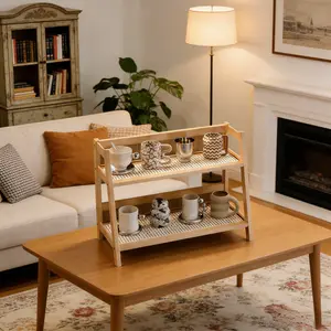 Bamboo Ladder Shelf, 2-Tier A-Frame Storage Rack | Natural Wood Look Shelf for Bedroom, Kitchen, Office & Dorm