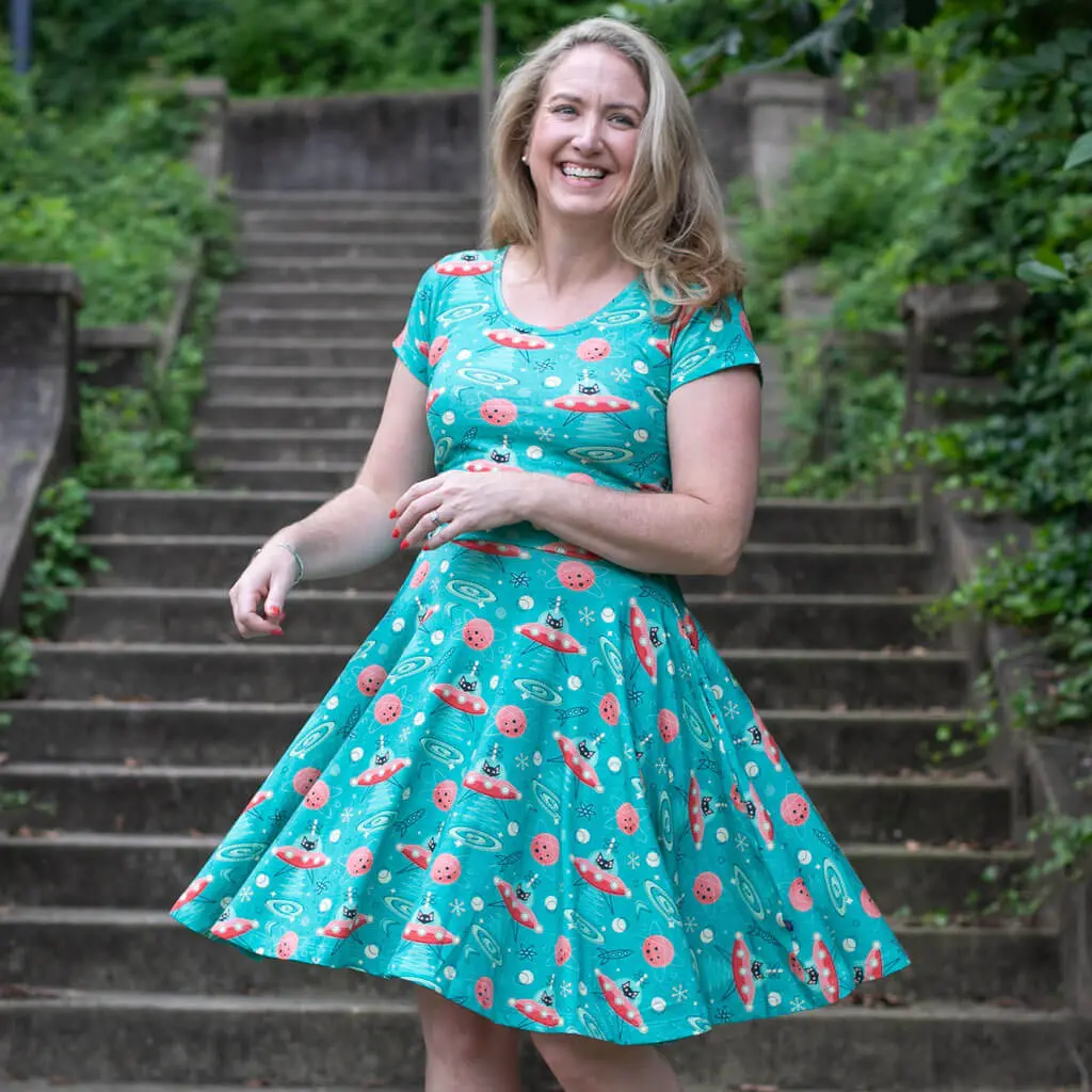 Adult "Beam Me Up, Kitty" Cats in Space Saucers Dress with Pockets