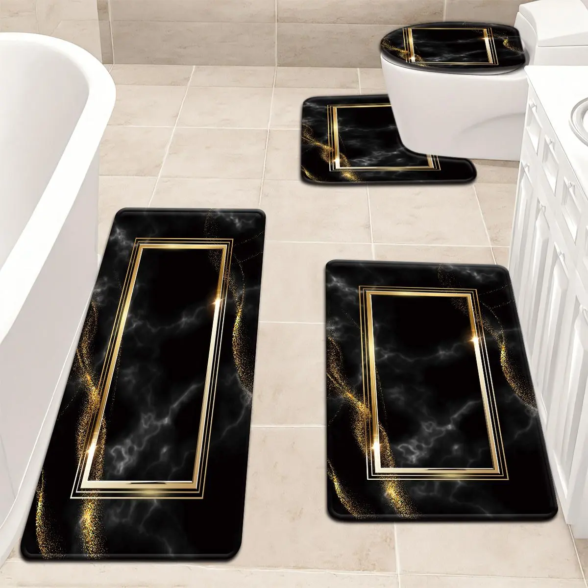 [Open ]3pcs Black And White Marble Herringbone Pattern Bathroom Mat Set Toilet Lid Mat And Rug Bathroom Decor U-Shaped Foot Mat