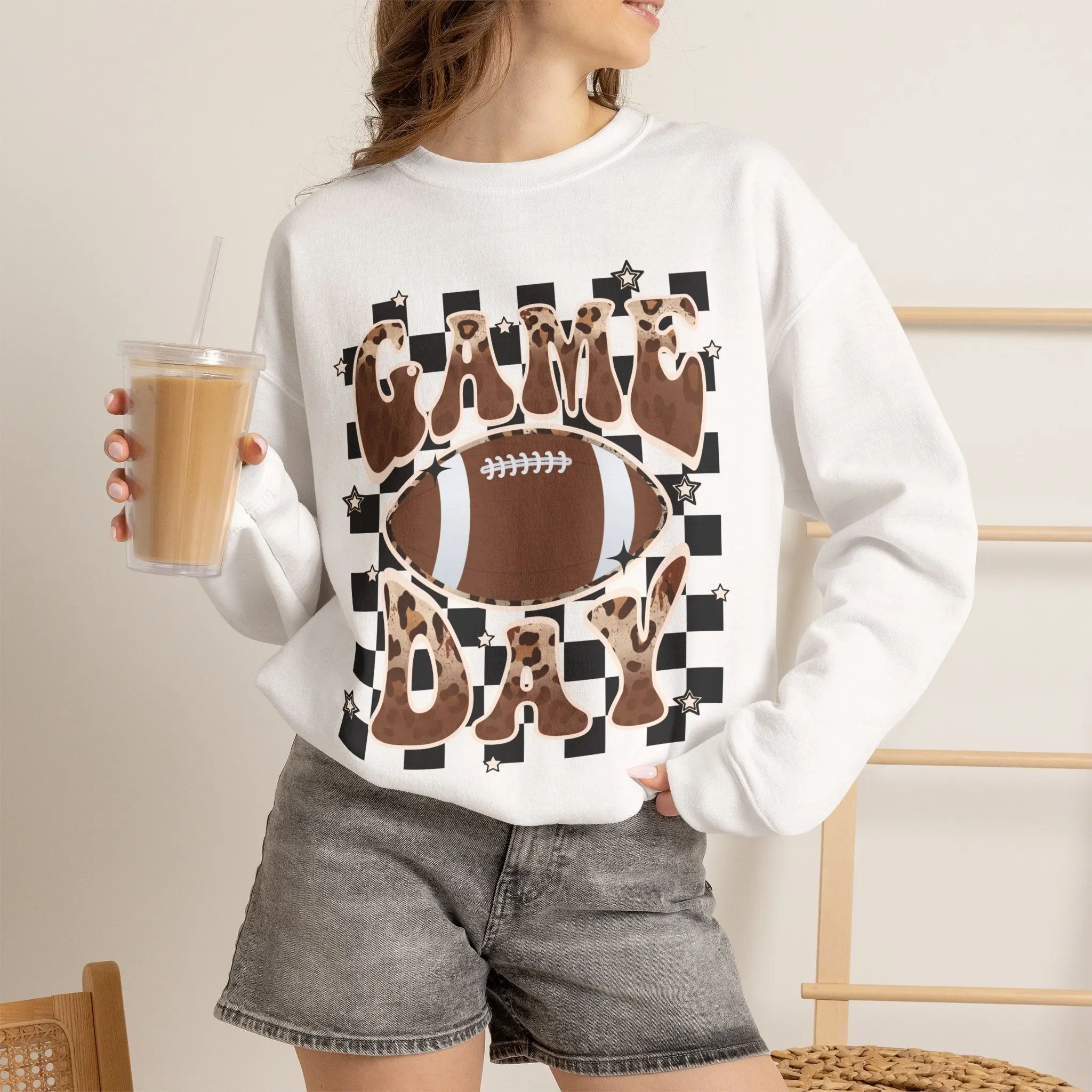 Women's Checkerboard Football Graphic Crewneck Sweatshirt - Cute, Ribbed, Embroidery-Accented, Soft Fabric for Football Day, Casual, Cotton, Knit, Machine Washable, Loose-Fitting, Do Not Dry Clean, Cold Wash