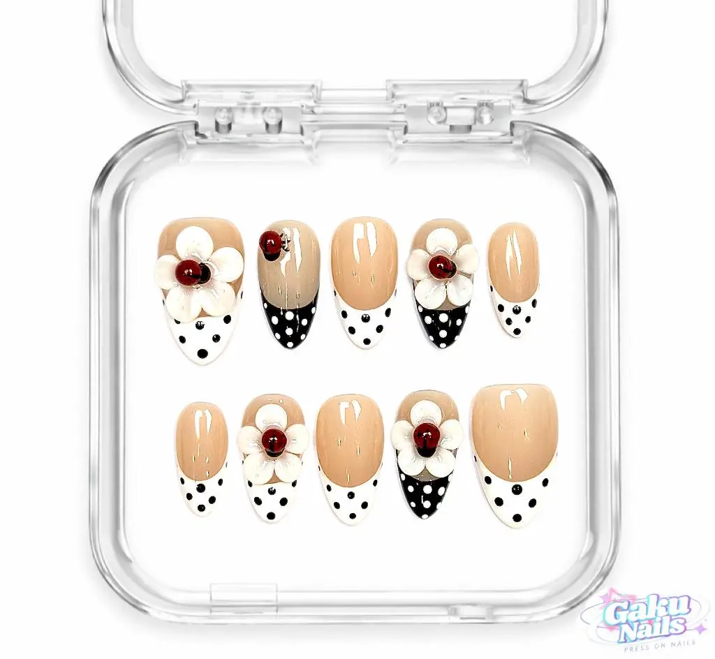 GakuNails POLKA FLOWER Reusable Press-On Glossy Acrylic Nails - 10-Piece Medium Almond Fake Nails Multi-Pack with Handmade Pink 3D Flower Polka Dots Builder Gel, Selectable Sizes, Decorative Tips, Press On Nails