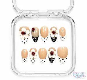 GakuNails POLKA FLOWER Reusable Press-On Nails - 10-Piece Medium Almond Glossy Fake Nails Multi-Pack with Handmade Pink 3D Flower Polka Dots Builder Gel, Selectable Sizes, Decorative Tips