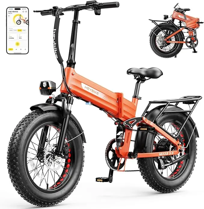 Heybike Mars 3.0 Foldable Electric Bike for Adult Teens - 1400W Peak Motor, 32 MPH Top Speed, 70+ mi Range, 624Wh Removable Battery, 20"x4" Fat Tires, Full Suspension MTB, UL 2849 Certified, NFC Unlock, Compact Fold for City Trails