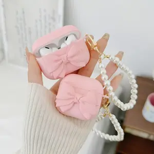 Pink 3D Bowknot Earphone Case for AirPods 1 or 2 or 3 or Pro or Pro2, TPU Protective Cover, Wireless Earphone Accessories for Audio Protection